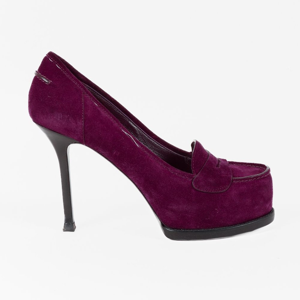 Saint Laurent Purple Suede Tribtoo Loafer Stiletto Platform Pumps